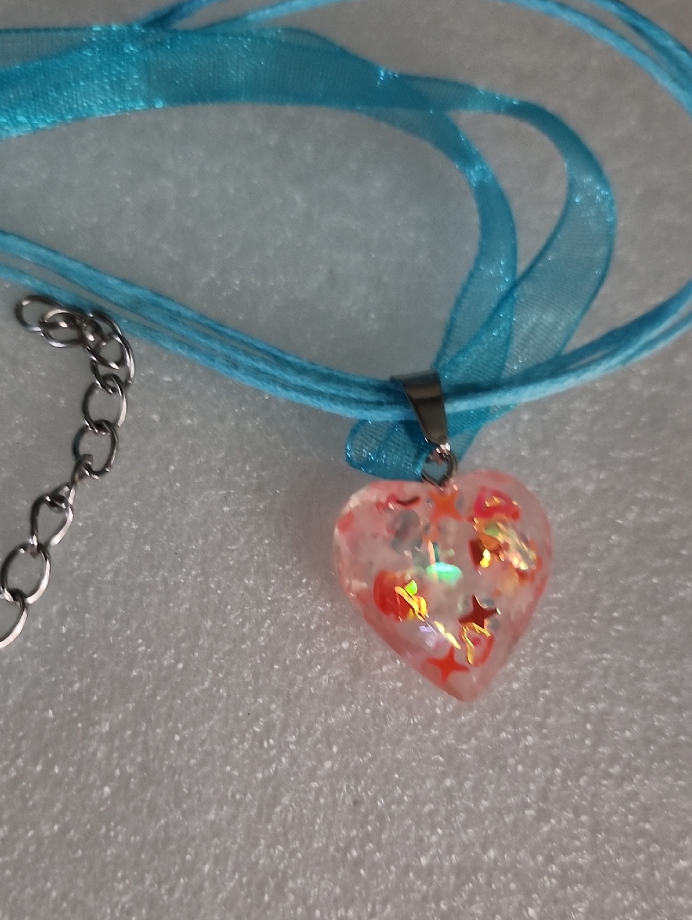 Heart Star Resin Pendant Necklace on Turquoise Ribbon